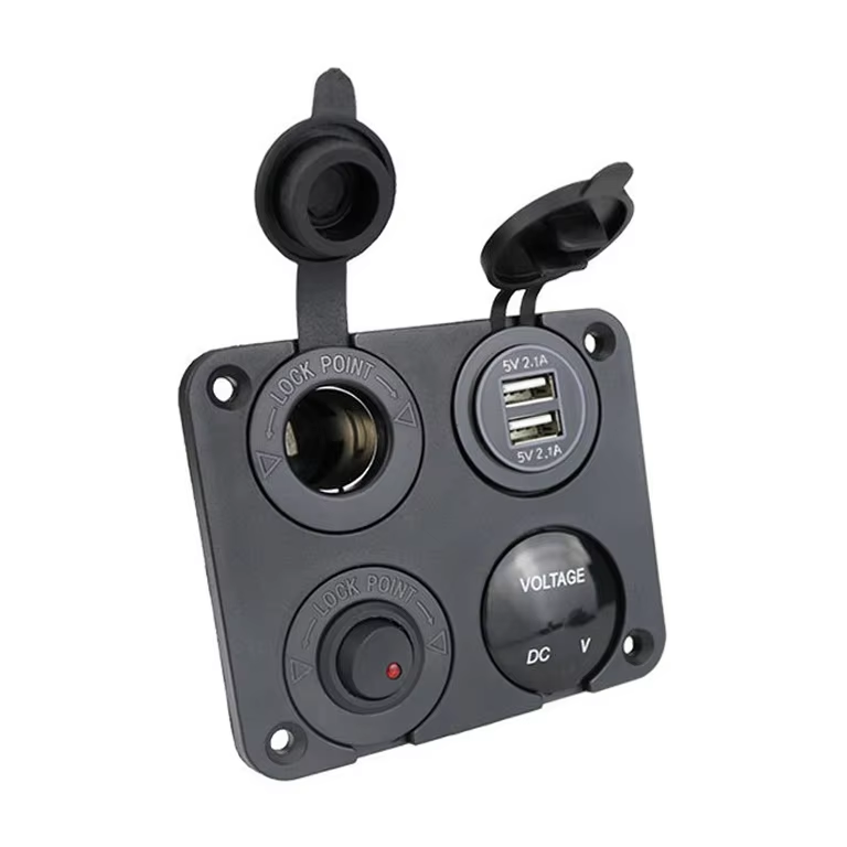 Four-hole Panel Car Yacht Modified Dual USB Car Charger Cigarette Lighter Plus Female Seat Plus Voltmeter Switch