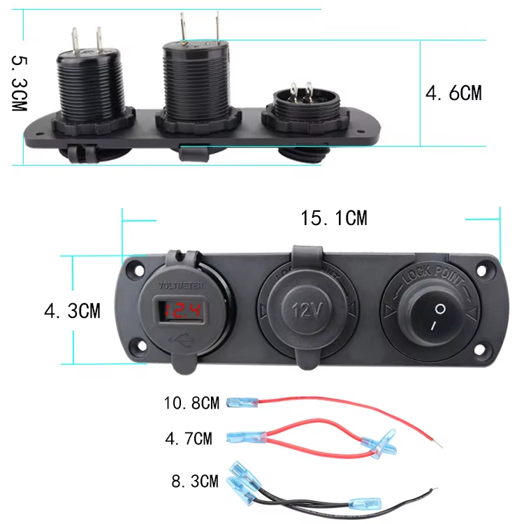 Double USB Metal Car Charger Power Socket Waterproof Switch Combination QC3.0 Fast Charging 12-24V