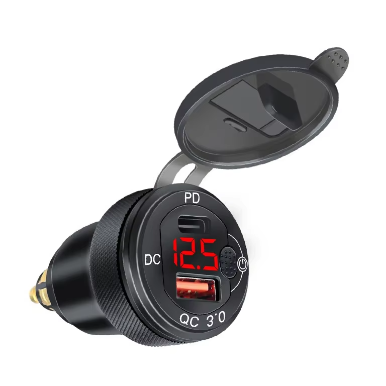 Aluminum Alloy QC3.0+PD Fast Charging with Switch Button, Car Modification, On-board Digital Display Voltmeter Charger